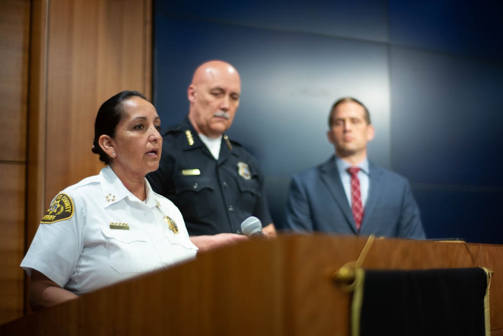 (Trent Nelson  |  The Salt Lake Tribune)  Salt Lake County Sheriff Rosie Rivera, Salt Lake City Police Chief Mike Brown, and Brian Redd, Utah Department of Public Safety at a news conference in Salt Lake City on Tuesday April 9, 2019 addressing a crime spree and shootout the day before.