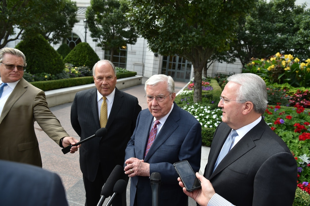 (Photo courtesy of The Church of Jesus Christ of Latter-day Saints)
Apostles M. Russell Ballard, center, and Ronald A. Rasband, left, with general authority Seventy Jack N. Gerard, right, respond to local news media about their meeting with U.S. Vice President Mike Pence on Aug. 22, 2019.