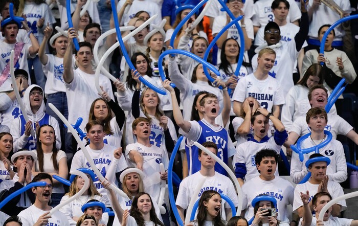(Francisco Kjolseth | The Salt Lake Tribune) The BYU student section goes wild as their team takes on the TCU Horned Frogs during an NCAA college basketball game against TCU Saturday, March 2, 2024, in Provo, Utah.