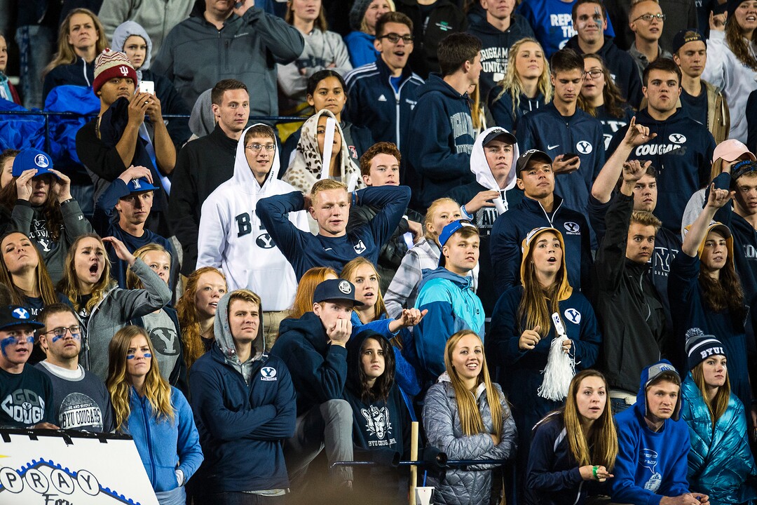 (Chris Detrick  |  The Salt Lake Tribune)  Brigham Young Cougars fans watch during the game LaVell Edwards Stadium Friday, October 6, 2017. Boise State Broncos defeated Brigham Young Cougars 24-7.