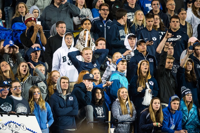 (Chris Detrick  |  The Salt Lake Tribune)  Brigham Young Cougars fans watch during the game LaVell Edwards Stadium Friday, October 6, 2017. Boise State Broncos defeated Brigham Young Cougars 24-7.