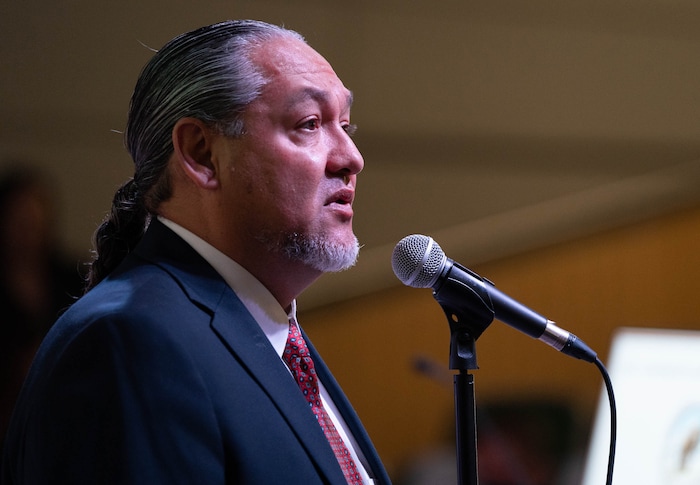 (Francisco Kjolseth | The Salt Lake Tribune) Dustin Jansen, director of the Utah Division of Indian Affairs, welcomes people to the 15th Annual Governor’s Native American Summit held on the Utah Valley University campus on Friday, Aug. 6, 2021.