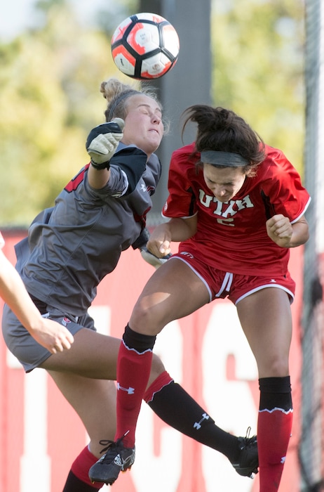 Rick Egan  |  The Salt Lake TribuneUtah goal keeper Carly Nelson (00) and Tavia Leachman (2) defend the goal, in soccer action, BYU vs. Utah, at the Ute soccer field, Monday, September 5, 2016.