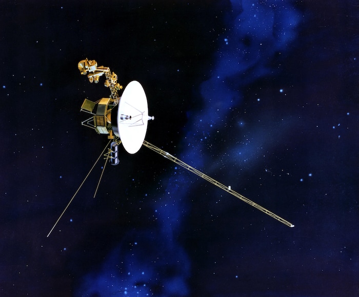 (Credit: Courtesy of NASA/Jet Propulsion Laboratory) This artist conception shows NASA's Voyager spacecraft with its antenna pointing to Earth.