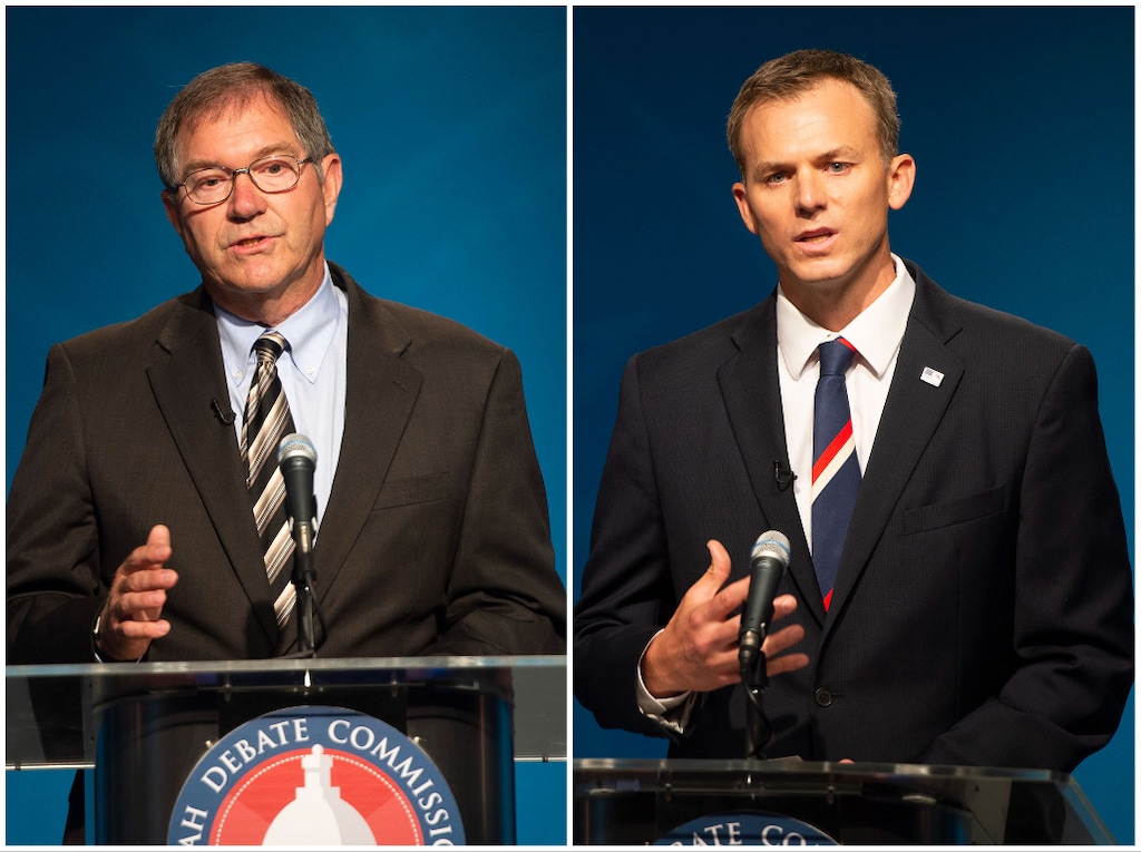 (Rick Egan | Tribune file photos) Davis County Commissioner Bob Stevenson, left, and Blake Moore, right, Republican candidates for the 1st Congressional District at a debate in June.