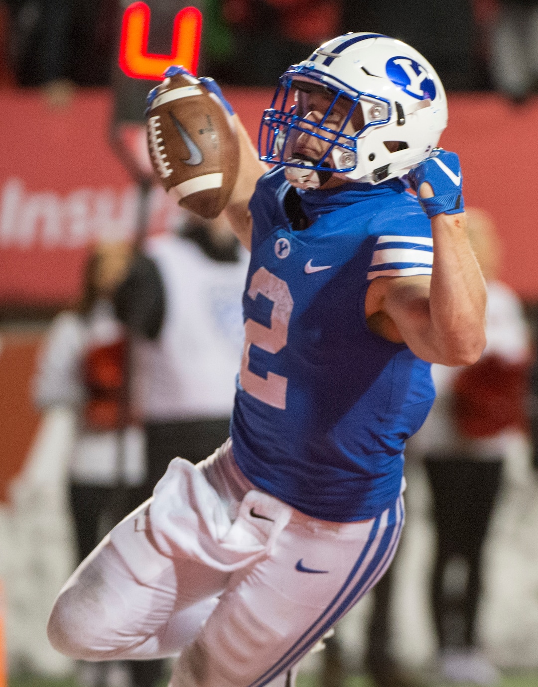 (Rick Egan  |  The Salt Lake Tribune)        Brigham Young running back Matt Hadley (2) scores a touchdown for the Cougars, in football action between the Brigham Young Cougars and the Utah Utes, at Rice-Eccles Stadium, Saturday, November 24, 2018.