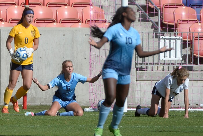 (Scott Sommerdorf | The Salt Lake Tribune)
Sky View players including Haley Haynie, #5, and Emmie Woodward, #10, call for a penalty to be called, but to no avail during first half play. Sky View defeated Bonneville 2-0 to win the 4A title game, Saturday, October 21, 2017.