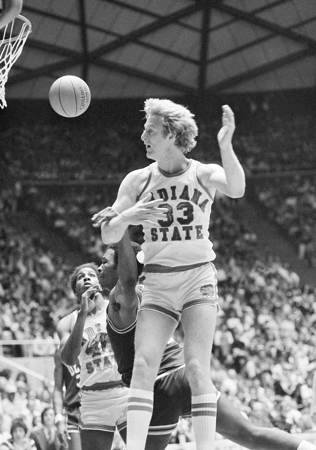 (AP Photo) Indiana State's star performer, Larry Bird (33) is shown at work against DePaul in their semi-final game in the NCAA Championships underway Saturday, March 25, 1979 at Salt Lake City, Utah. Bird led Indiana State with 35 points to a 76-74 win over DePaul. 