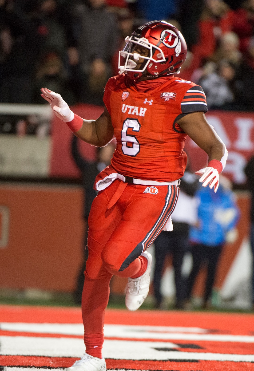 (Rick Egan  |  The Salt Lake Tribune)        Utah Utes running back Armand Shyne (6) celebrates after scoring a touchdown late in the 4th quarter, tying the score at 27-27, in football action between the Brigham Young Cougars and the Utah Utes, at Rice-Eccles Stadium, Saturday, November 24, 2018.