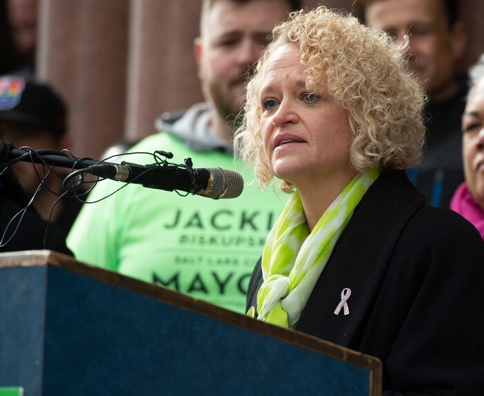 (Rick Egan  |  The Salt Lake Tribune)     Salt Lake City Mayor Jackie Biskupski she launches her re-election campaign as she seeks a second term as supporters gather on the east steps of the City Building, Saturday, Feb. 9, 2019.


