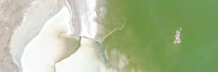 (Planet) A satellite image of Gunnison Island, in the north arm of the Great Salt Lake, on May 31, 2012.