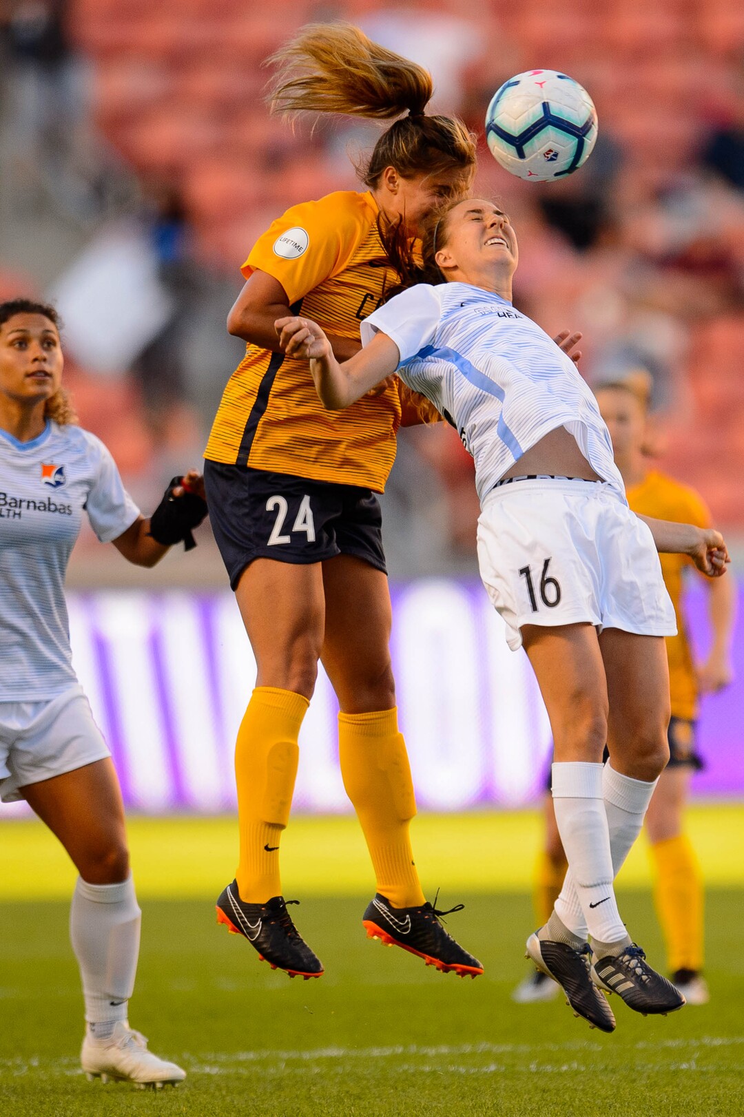 (Trent Nelson  |  The Salt Lake Tribune)  Utah Royals FC forward Katie Stengel (24) and Sky Blue FC midfielder Sarah Killion (16) as Utah Royals FC hosts Sky Blue FC at Rio Tinto Stadium in Sandy on Saturday June 15, 2019.