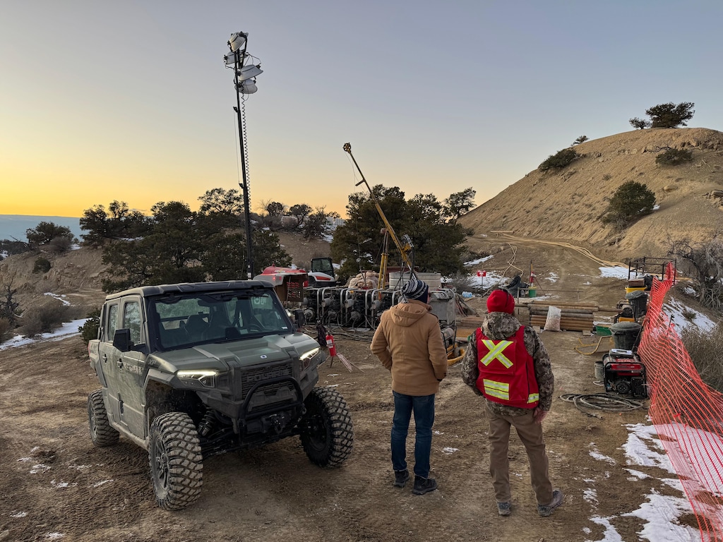 (American Tungsten & Antimony)  Geologists at one of the first drill hole locations on the Little Emma patented claim at the Antimony Canyon Project.