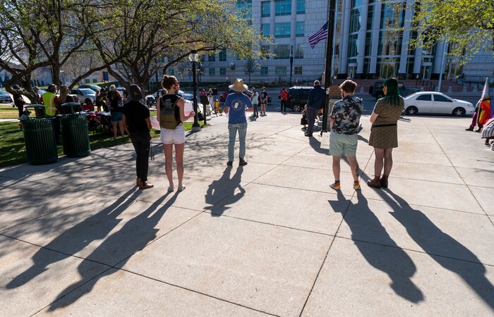 (Rick Egan | The Salt Lake Tribune) Around 100 people showed up for a rally demanding an end to the policy of violence and terror inflicted on our unsheltered community at the hands of the Salt Lake County Health Department, Salt Lake City, and Salt Lake City Police Department, at Washington Square, on Friday, April 2, 2021.