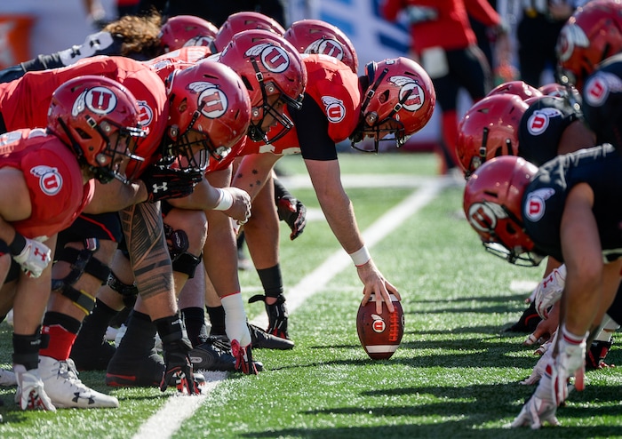 (Francisco Kjolseth  |  The Salt Lake Tribune)  The Utah Utes hold their first of two major scrimmages of spring practice at Rice Eccles stadium on Saturday, March 30, 2019, prior to the April 13 Red-White Game. 
