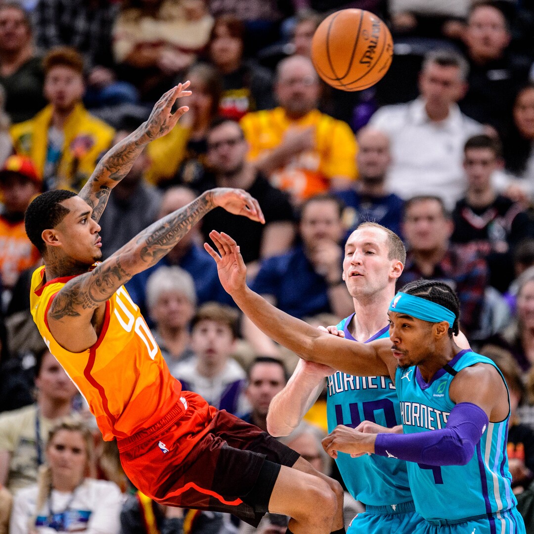 (Trent Nelson  |  The Salt Lake Tribune) Utah Jazz guard Jordan Clarkson (00) passes as the Utah Jazz host the Charlotte Hornets, NBA basketball in Salt Lake City on Friday, Jan. 10, 2020.