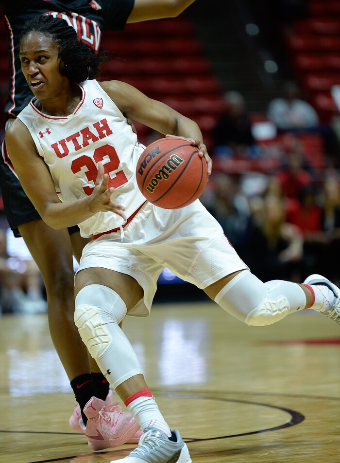 (Francisco Kjolseth  |  The Salt Lake Tribune)  Utah Utes forward Tanaeya Boclair (32) pushes the ball down court as Utah hosts UNLV in women's NCAA basketball at the Huntsman Center, Thursday, March 15, 2018.