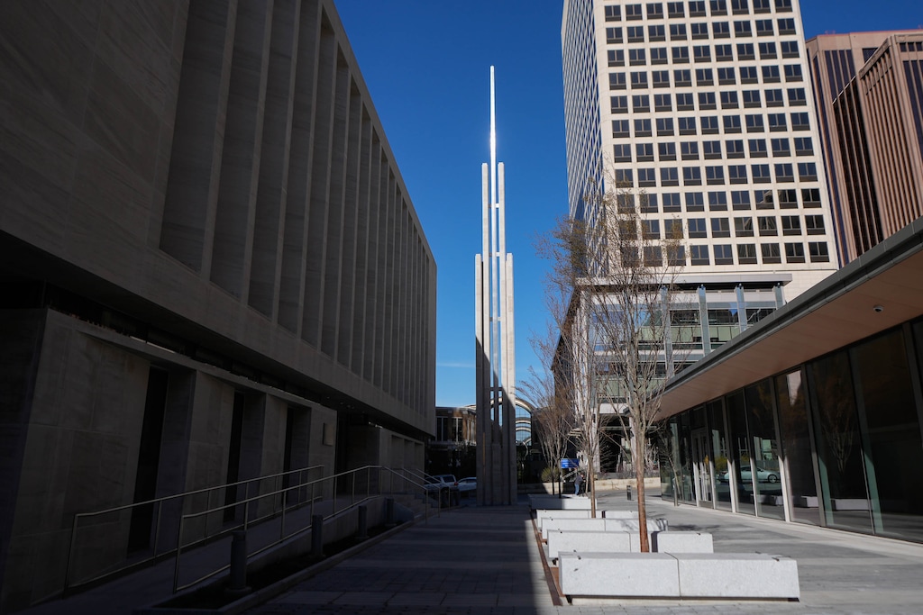 (Francisco Kjolseth | The Salt Lake Tribune) A steeple rises in downtown Salt Lake City in 2022 at 95 State, a meetinghouse of The Church of Jesus Christ of Latter-day Saints. New church rules may make it harder to create new Latter-day Saint congregations.