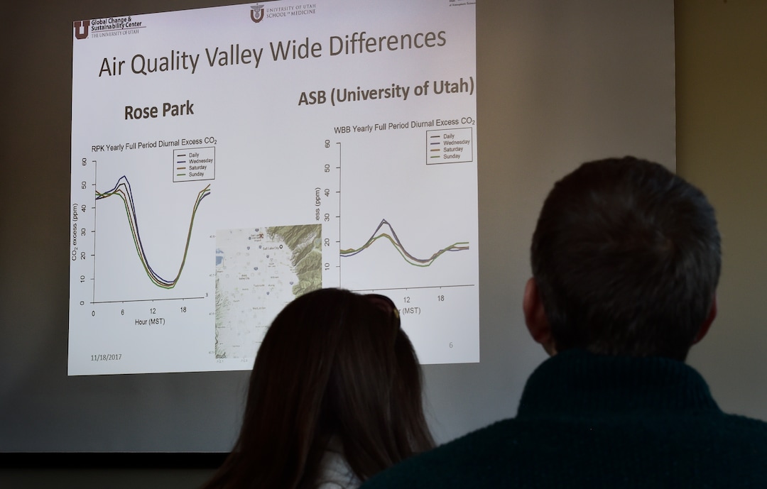 (Scott Sommerdorf   |  The Salt Lake Tribune)   Results from studies showing how pollution levels in Salt Lake City can be dramatically different in different communities are shown at the Breathe Clean Festival, Saturday, November 18, 2017. Here, the graphic shows that on the same day, pollution levels were much worse in Rose Park than they were at the University of Utah. 