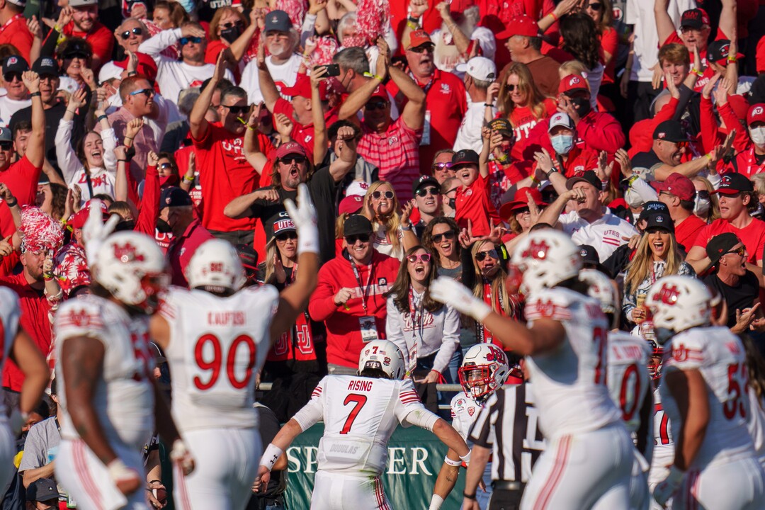 (Trent Nelson  |  The Salt Lake Tribune) Utah Utes quarterback Cameron Rising (7) celebrates the second touchdown in the first quarter as the Utah Utes face the Ohio State Buckeyes at the Rose Bowl in Pasadena, Calif., on Saturday, Jan. 1, 2022.