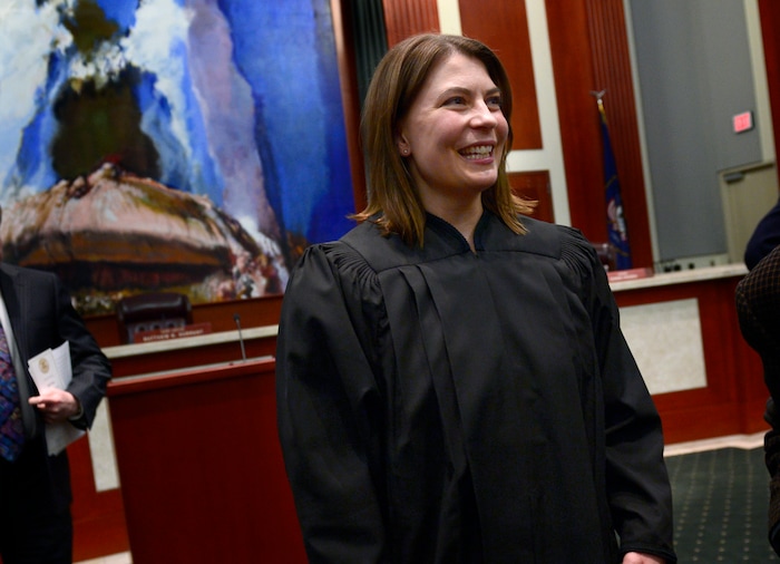 (Scott Sommerdorf   |  The Salt Lake Tribune)   during the Paige Petersen, after having been sworn in as the new Utah Supreme Court justice, Friday, January 19, 2018.