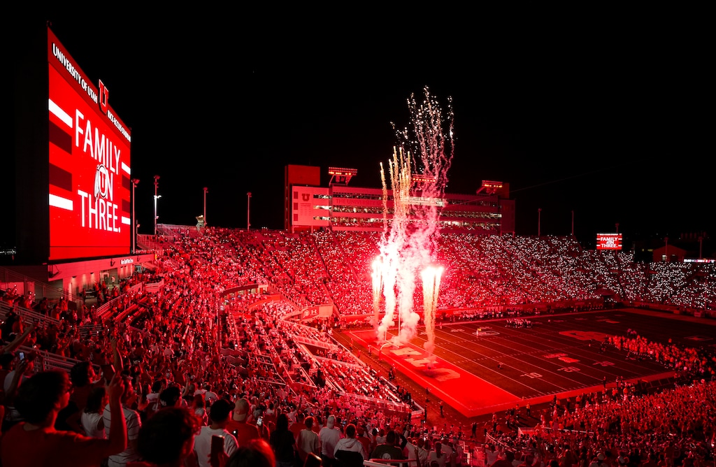 (Bethany Baker | The Salt Lake Tribune) Fireworks are seen between the third and fourth quarters, a Utah Utes tradition to honor two former players who died, during the second half of the game between the Utah Utes and the Idaho Vandals at Rice-Eccles Stadium in Salt Lake City on Thursday, Sept. 3, 2026.