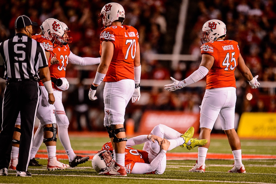 (Trent Nelson | The Salt Lake Tribune)  Utah Utes place kicker Matt Gay (97) is hurt as the University of Utah hosts Stanford, NCAA football at Rice-Eccles Stadium in Salt Lake City Saturday October 7, 2017.