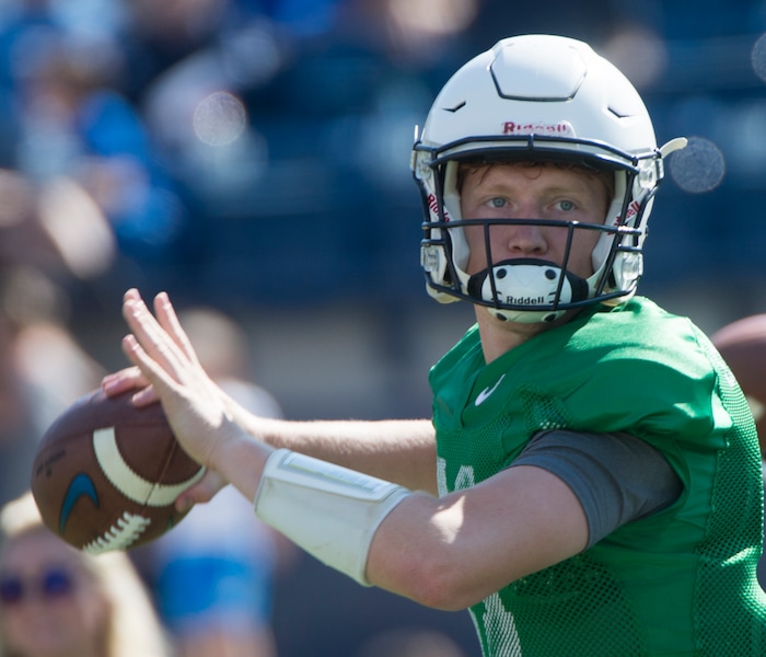 (Rick Egan  |  The Salt Lake Tribune)  Freshman quarterback Joe Critchlow (11) throws the ball, during the BYU scrimmage at Lavell Edwards Stadium, Thursday, August 17, 2017.