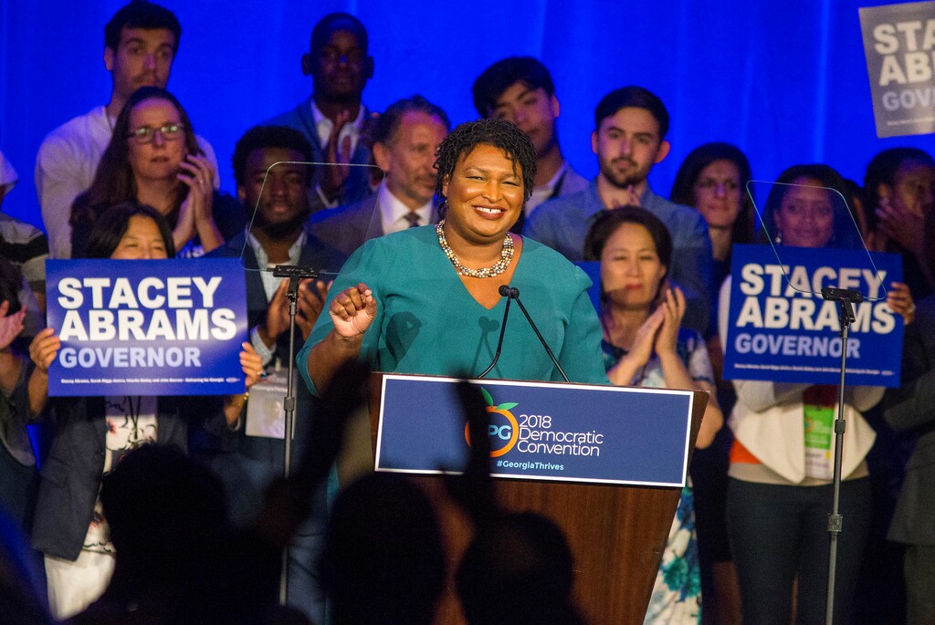 Georgia Democratic Gubernatorial candidate Stacey Abrams speaks during the Georgia Democratic Convention in Atlanta, Saturday, Aug. 25, 2018. (Alyssa Pointer/Atlanta Journal-Constitution via AP)