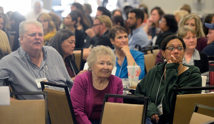 (Al Hartmann  |  The Salt Lake Tribune) 	
Utah homeless service providers listen to panel discussion about the long-term plan to add three new homeless shelters and close the shelter at 210 S. Rio Grande St. — and about how the $67 million Operation Rio Grande has affected that long-term plan at Utah's 14th Annual Homelessness Summit in Salt Lake City Wednesday Oct. 11.
Panel included Lt. Governor Spencer Cox, Speaker of House Greg Hughes,Salt Lake City Mayor Jackie Biskupski, advocate Pamela Atkinson, and Josh Romney.  