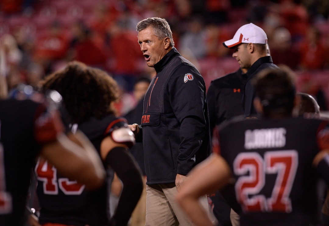 Scott Sommerdorf   |  The Salt Lake TribuneUtah Utes head coach Kyle Whittingham talks with his team prior to the Utah - Arizona State game, Saturday, October 17, 2015.