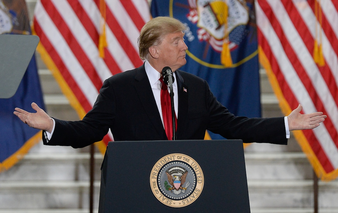 (Francisco Kjolseth  |  The Salt Lake Tribune)  U.S. President Donald Trump looks for acknowledgment from Utah representatives off stage while making remarks at the Utah Capitol on Monday, Dec. 4, 2017, prior to signing two presidential proclamations to shrink Bears Ears and Grand Staircase-Escalante national monuments.