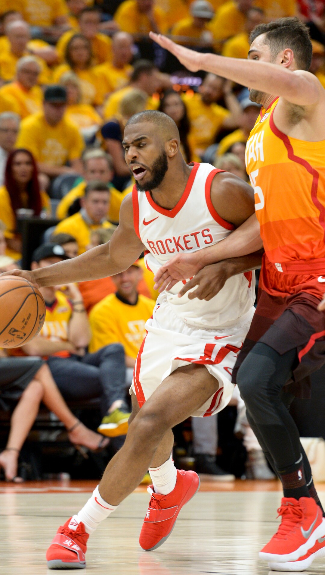 (Leah Hogsten  |  The Salt Lake Tribune)   Houston Rockets guard Chris Paul (3) battles Utah Jazz guard Raul Neto (25). The Houston Rockets defeated the Utah Jazz 113-92 in Game 3 of an NBA basketball second-round playoff series Friday, May 4, 2018 in Salt Lake City.