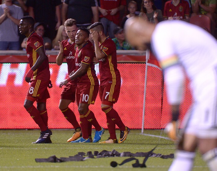 (Leah Hogsten  |  The Salt Lake Tribune)  Real Salt Lake forward Joao Plata (10) and Real Salt Lake midfielder Albert Rusnak (11) celebrate Plata's goal in the first half.  Real Salt Lake are 2-0 against the Colorado Rapids for the Rocky Mountain Cup at Rio Tinto Stadium, Saturday, August 26, 2017. 