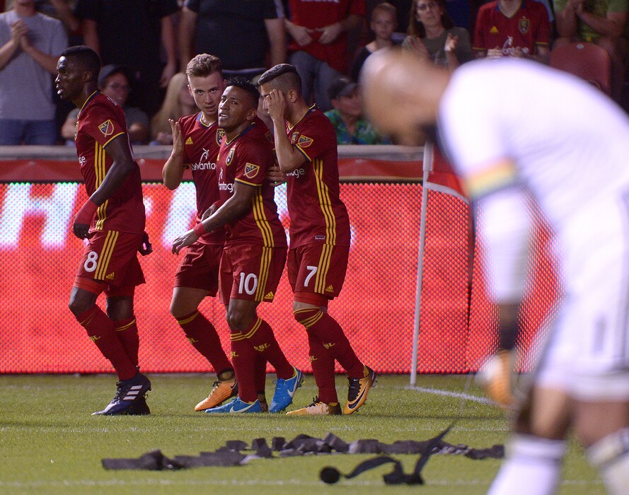(Leah Hogsten  |  The Salt Lake Tribune)  Real Salt Lake forward Joao Plata (10) and Real Salt Lake midfielder Albert Rusnak (11) celebrate Plata's goal in the first half.  Real Salt Lake are 2-0 against the Colorado Rapids for the Rocky Mountain Cup at Rio Tinto Stadium, Saturday, August 26, 2017. 