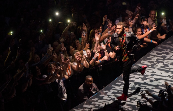 (Rick Egan  |  The Salt Lake Tribune)   Justin Timberlake performs at the Vivint Smarthome Arena in Salt Lake City, Thursday, April 12, 2018.