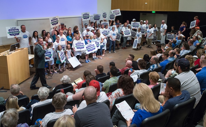 (Rick Egan  |  The Salt Lake Tribune)  Sheriff candidate Levi Hughes gives a speech Saturday, Aug. 12, 2017, before the vote for the Salt Lake County sheriff.