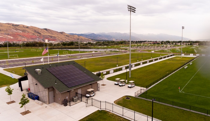 (Courtesy of Salt Lake City) Newly installed solar panels at the Regional Athletic Complex. Salt Lake City announced solar installations at seven new facilities Thursday.