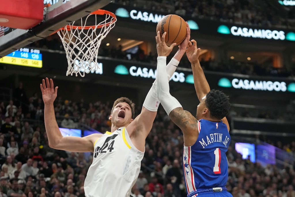 (Rick Bowmer | AP) Utah Jazz center Walker Kessler (24) and Philadelphia 76ers forward KJ Martin (1) battle for a rebound during the first half of an NBA basketball game Thursday, Feb. 1, 2024, in Salt Lake City.