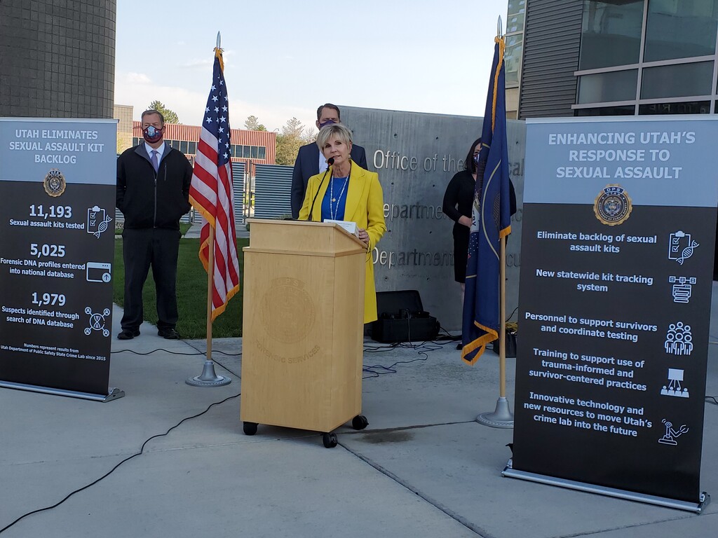 (Becky Jacobs | The Salt Lake Tribune) Julie Valentine, an associate professor at Brigham Young University and forensic nurse,  speaks at a press conference Thursday, Sept. 10, 2020, outside Utah's crime lab in Salt Lake City about the elimination of the state's backlog of testing sexual assault kits.