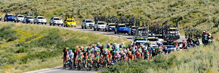Steve Griffin  |  The Salt Lake TribuneThe peloton climbs up Logan Canyon during Stage 1 of the Tour of Utah bicycle race from Logan around Bear Lake and back to Logan Monday July 31, 2017.