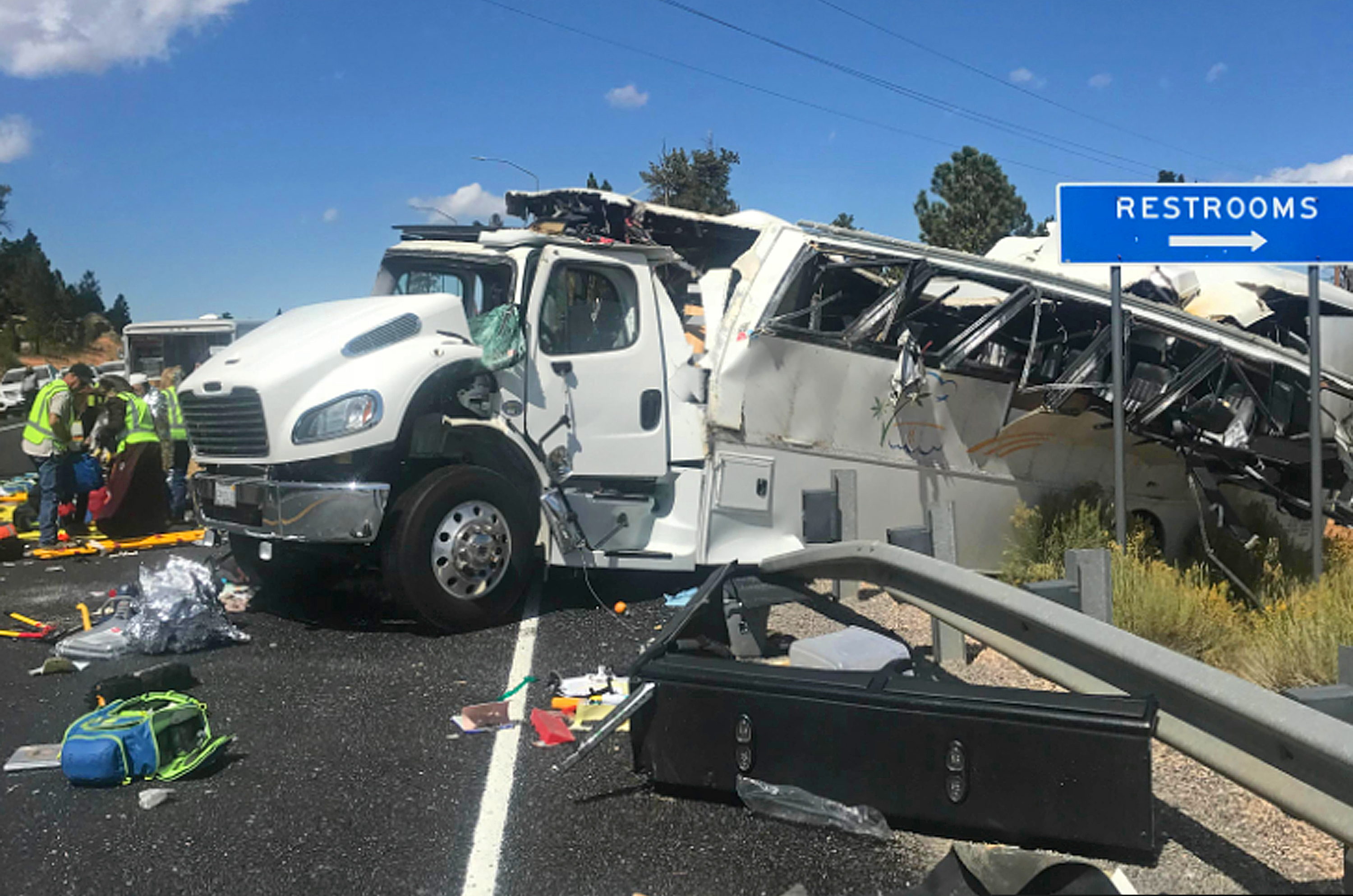(Sheriff Danny Perkins | Garfield County Sheriff's Office via AP) This photo released by the Garfield County Sheriff's Office shows a tour bus that was carrying Chinese-speaking tourists after it crashed near Bryce Canyon National Park in southern Utah, killing at least four people and critically injuring up to 15 others, Friday, Sept. 20, 2019.