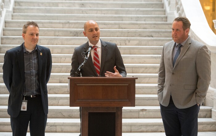 (Rick Egan  |  The Salt Lake Tribune)  Sen. Dan Hemmert talks about Mitt Romney running for Senate, at a media conference, at the Utah State Capitol, Monday, November 13, 2017.




