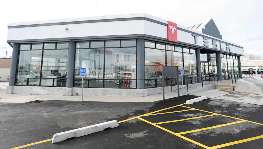 (Steve Griffin | Tribune file photo) This file photo showed the new Tesla service center and car charging station at 2312 south State Street as it was nearing completion in Salt Lake City, Tuesday, March 3, 2015.