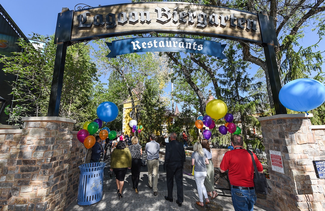 (Francisco Kjolseth  |  The Salt Lake Tribune)  Lagoon Amusement Park has opened its Bavarian-style Biergarten near the wooden roller coaster..