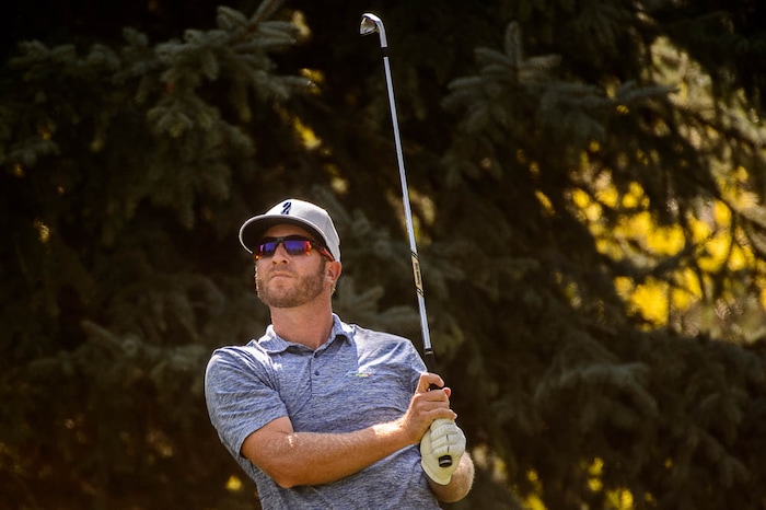 (Trent Nelson | The Salt Lake Tribune)  
Dusty Fielding drives at the Utah Open golf tournament at Provo's Riverside Country Club, Sunday Aug. 19, 2018.