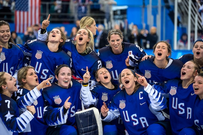 (Chris Detrick  |  The Salt Lake Tribune) Members of team USA celebrate after winning the Women's Gold Medal Game at Gangneung Hockey Centre during the Pyeongchang 2018 Winter Olympics Thursday, Feb. 22, 2018. United States defeated Canada 3-2 in a shootout victory. 