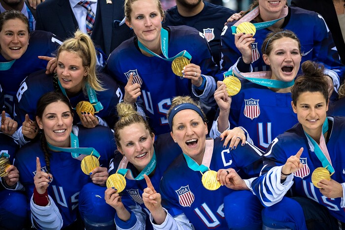 (Chris Detrick  |  The Salt Lake Tribune) Members of team USA celebrate after winning the Women's Gold Medal Game at Gangneung Hockey Centre during the Pyeongchang 2018 Winter Olympics Thursday, Feb. 22, 2018. United States defeated Canada 3-2 in a shootout victory. 