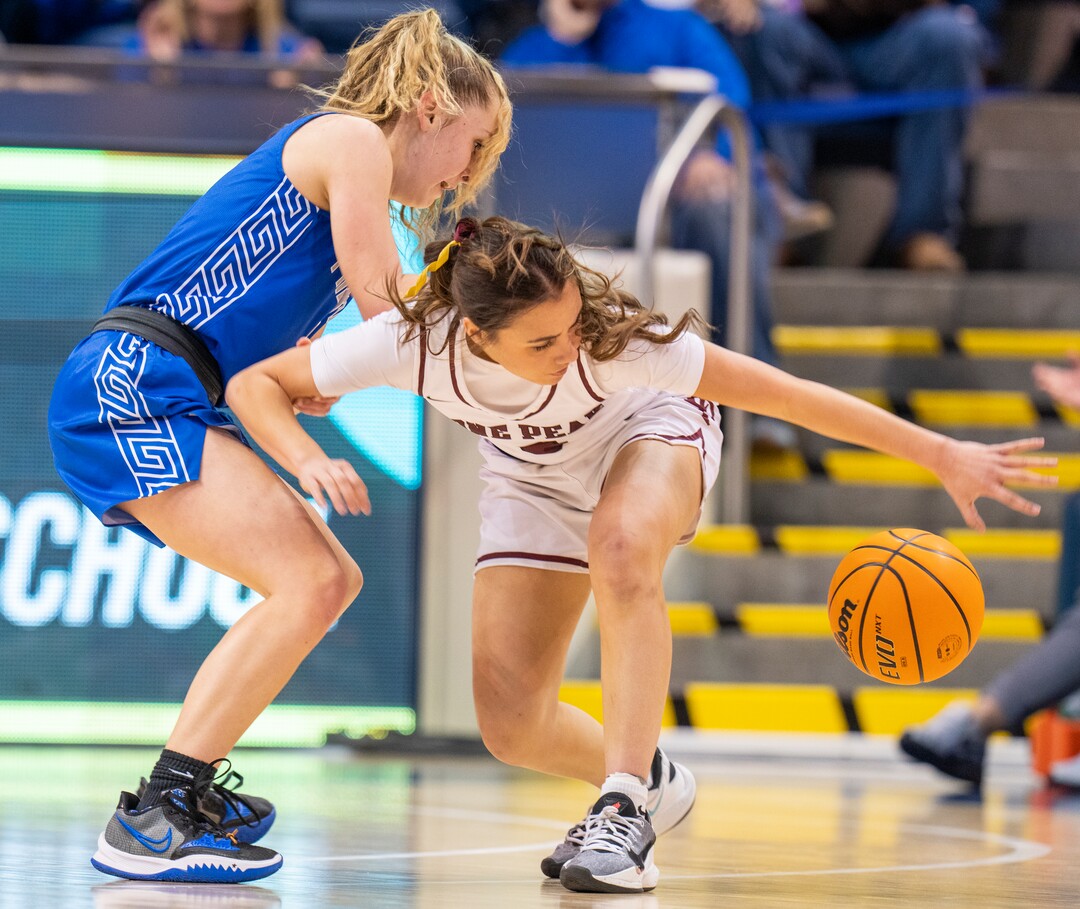 (Rick Egan | The Salt Lake Tribune) Fremont guard, Ashley Oliver (1) taps the ball away from Lone Peak guard, Shawnee Nordstrom (3), in the 6A State Championship game between Fremont and Lone Peak, at the Marriott Center in Provo, on Saturday, March 5, 2022. 