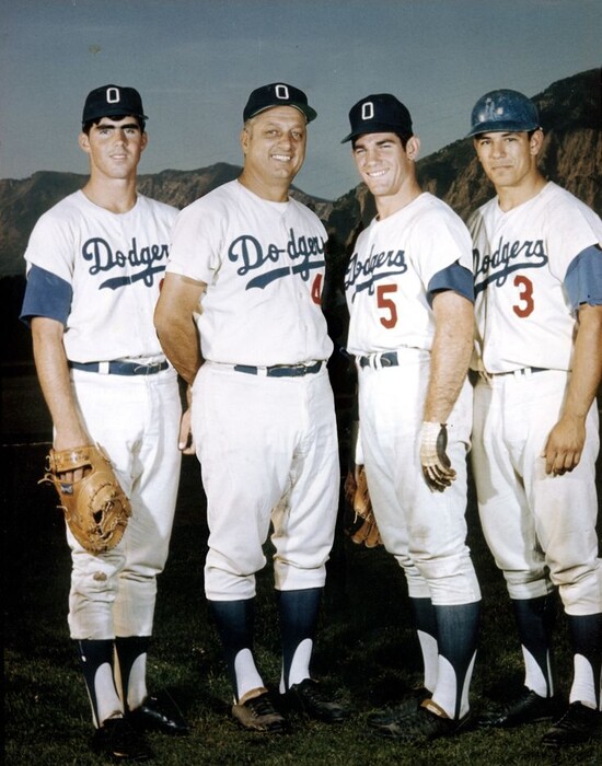 (Left to right) First baseman Bill Buckner, manager Tommy Lasorda, third baseman Steve Garvey and outfielder Bobby Valentine of the 1968 Ogden Dodgers